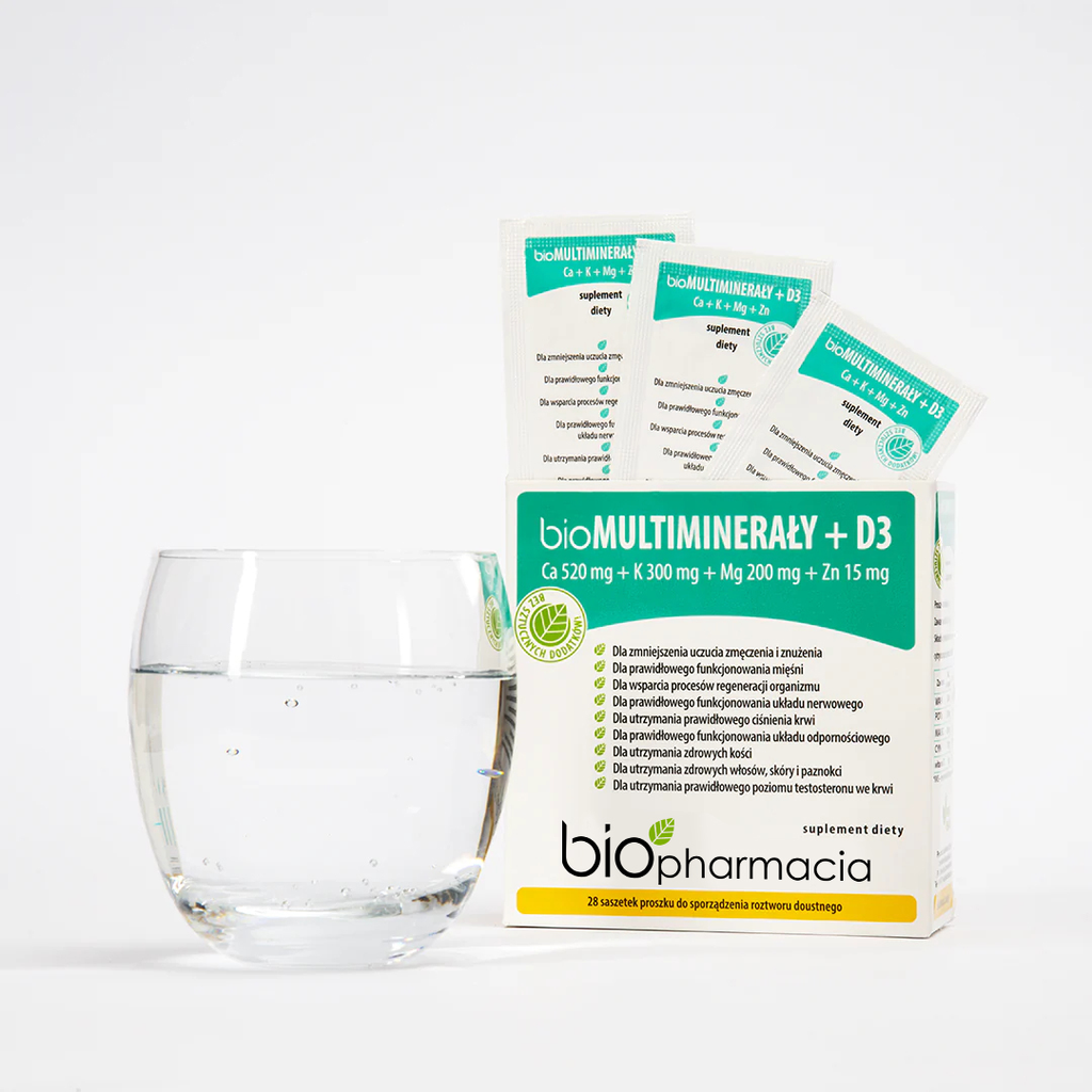 BioMULTIMINERAŁY + D3 - Mieszanka naturalnych minerałów z witaminą D3 - 28 saszetek - Biofarmacja 