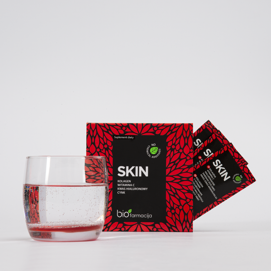 SKIN -  Naturalny kolagen 2500 mg, kwas hialuronowy, witamina C, magnez i cynk - 28 saszetek - Biofarmacja 